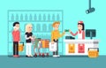 Super market, mall interior with people, saleswoman and store display flat vector illustration Royalty Free Stock Photo