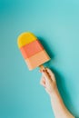Super minimalistic hand grabbing a colorful foam ice cream in front of a pastel blue wall