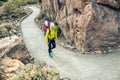 Super mom with baby boy hiking in backpack Royalty Free Stock Photo