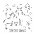 Super Mom black and white print with a cute mother donkey and her baby foal Royalty Free Stock Photo