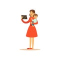 Super mom character with child, holding the tablet