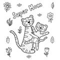 Super mom coloring page with cute tigers mommy and baby