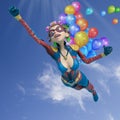 Super mom with curly hair cartoon flying with balloons Royalty Free Stock Photo