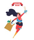 Super Mom. Flying superhero mother carrying a baby. Vector illustration