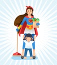 Super mom, mother wearing superhero costume holding broom and groceries, little daughter standing in front of mother and raising Royalty Free Stock Photo