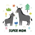 Super Mom print with a cute mother donkey and her baby foal. Funny animals family card Royalty Free Stock Photo