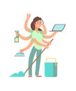 Super mom vector concept. Stressed mother in business and housework activities