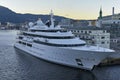 The Super Motor Yacht Katara lies berthed against the Quay at the Bergen Waterfront.