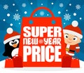 Super New Year Price card with boy and penguin
