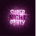 Super night party. Bright purple flash with rays of light and glare bokeh. Purple dust in the night. Festive brochure. Your projec