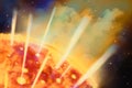 Super nova birth. Illustration of star or planet with explosions, fire, light beams and smokes going to open space. Concept of Royalty Free Stock Photo