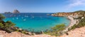 Super panorama of Cala Hort and the mountain Es Vedra. Ibiza, Balearic Islands, Spain Royalty Free Stock Photo