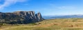 Super panorama of Seiser Alm plateau with Punta Euringer mountain and Val Gardena Royalty Free Stock Photo