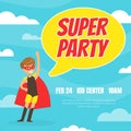 Super Party Invitation Card, Happy Birthday Banner with Cute Happy Boy Dressed in Superhero Costume, Kids Party Flyer