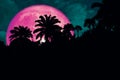 super pink blood moon back silhouette in the ancient palm night