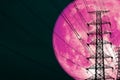 super pink moon back silhouette power electric pole and night heap cloud on sky Royalty Free Stock Photo
