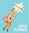 Cartoon Superhero Repairman with Toilet Plunger