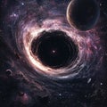 A super-powerful black hole in dark, deep space and planets flying into it. Royalty Free Stock Photo