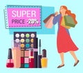 Super price announcement. Twenty percent discount. Young girl picks up packages and rejoices