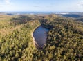 Super resolution stitched panorama - High angle aerial drone view of Lake Allom, one of the famous fresh water lakes Fraser Island