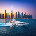 SUPER sailing a scenic ocean at night with the yacht lit dubai skyline in the displaying a vivid shining