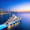 SUPER sailing a scenic ocean at night with the yacht lit dubai skyline in the displaying a vivid shining