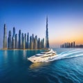 SUPER sailing a scenic ocean at night with the yacht lit dubai skyline in the displaying a vivid shining