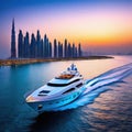 SUPER sailing a scenic ocean at night with the yacht lit dubai skyline in the displaying a vivid shining