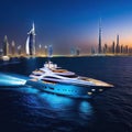 SUPER sailing a scenic ocean at night with the yacht lit dubai skyline in the displaying a vivid shining