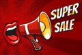 Super Sale Banner with Open Mouth and Megaphone in Pop Art style Royalty Free Stock Photo