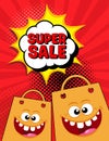 Super sale banner in pop art style design with funny shopping package Royalty Free Stock Photo