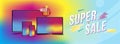 Super Sale Banner with set of realistic devices - smartphone, tablet, laptop and computer on the colour background. Sticker mega s