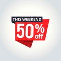Super Sale banner. Weekend deal, special offer, save up to 50%.