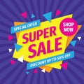 Super sale concept banner design. Advertising promotion poster. Special discount up to 50% off. Vector illustration.