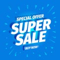 Super sale. 3d letters on a blue background. Advertising promotion poster with button. Special offer slogan, super call for Royalty Free Stock Photo