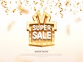 Super sale gift box like golden retro board broadway sign vector illustration. Special offer discount with confetti on