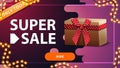 Super sale, horizontal purple banner with button and gift box