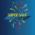 SUPER SALE isolated on BLUE background. Realistic vector paper template for promo and sale advertising. - Vector