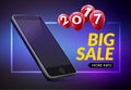 Super sale phone banner. Mobile clearance sale discount poster. End of year smartphone sale. Marketing special offer promotion