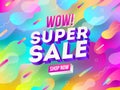 Super sale promotion design. Three-dimensional letters against a multicolored abstract background.