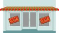 Super sale at store. Shop building with empty stalls. Storefront