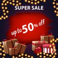 Super sale, up to 50% off, discount purple banner with hole and gift boxes