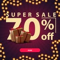 Super sale, up to 70% off, modern purple discount banner with large numbers and gift boxes