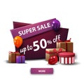 Super sale, up to 50% off, purple discount cartoon banner with gifts