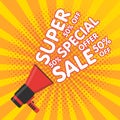 Super sale vector banner. Announcement megaphone