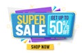 Super sale vector banner design. 50% off sale text in tags with shop now icon element