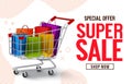 Super sale vector banner design. Special offer sale text with paper bags and push cart shopping elements