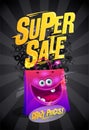 Super sale vector poster design template with pink cartoon funny paper shopper bag