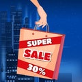 Super sale, woman s hand holding a bag, discounts. Shopping for a sale. Vector illustration, retro, vintage Royalty Free Stock Photo