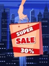 Super sale, woman's hand holding a bag, discounts. Shopping for a sale. Vector illustration, retro, vintage Royalty Free Stock Photo